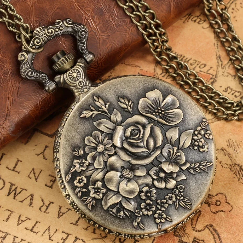 Vintage Pocket Watch: Captivate Moments with the Bronze Rose Pendant Gift