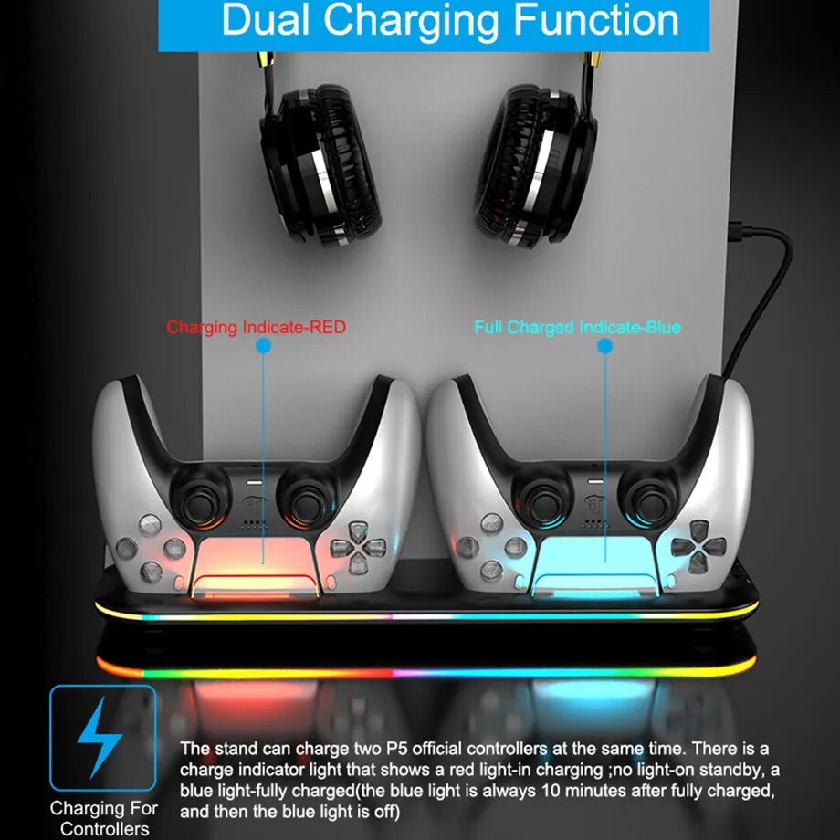 PS5 EliteDock: Horizontal Stand with Cooling Fan, Controller Charger, Headset Holder, 3 USB Connectivity, and Dynamic RGB LED