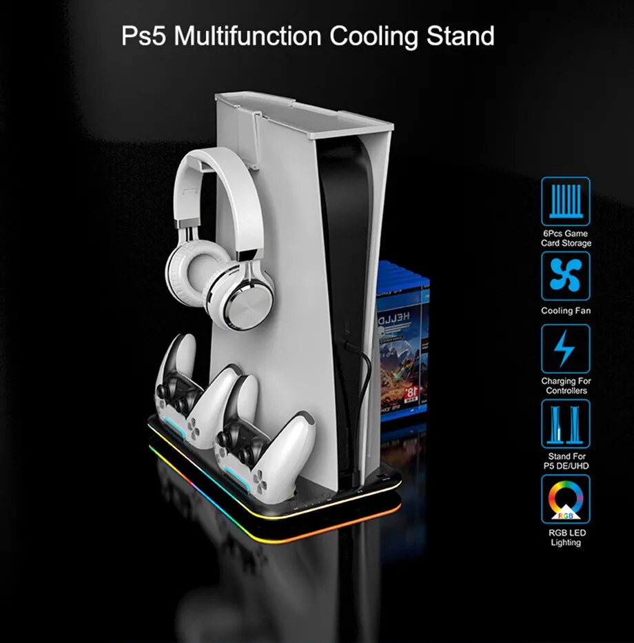 PS5 EliteDock: Horizontal Stand with Cooling Fan, Controller Charger, Headset Holder, 3 USB Connectivity, and Dynamic RGB LED