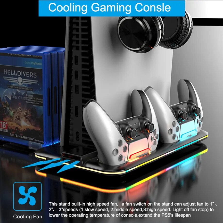 PS5 EliteDock: Horizontal Stand with Cooling Fan, Controller Charger, Headset Holder, 3 USB Connectivity, and Dynamic RGB LED